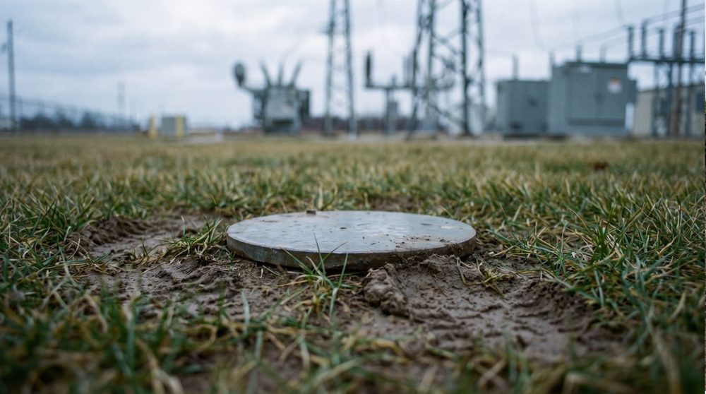 A foundation point capped at ground level in front of a substation